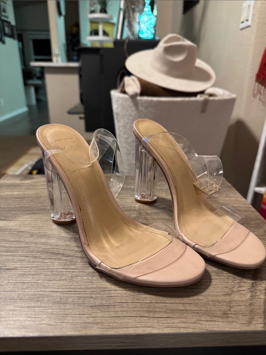 JustFab Shoes - JustFab Nude Clear Strap Lucite Block Heels